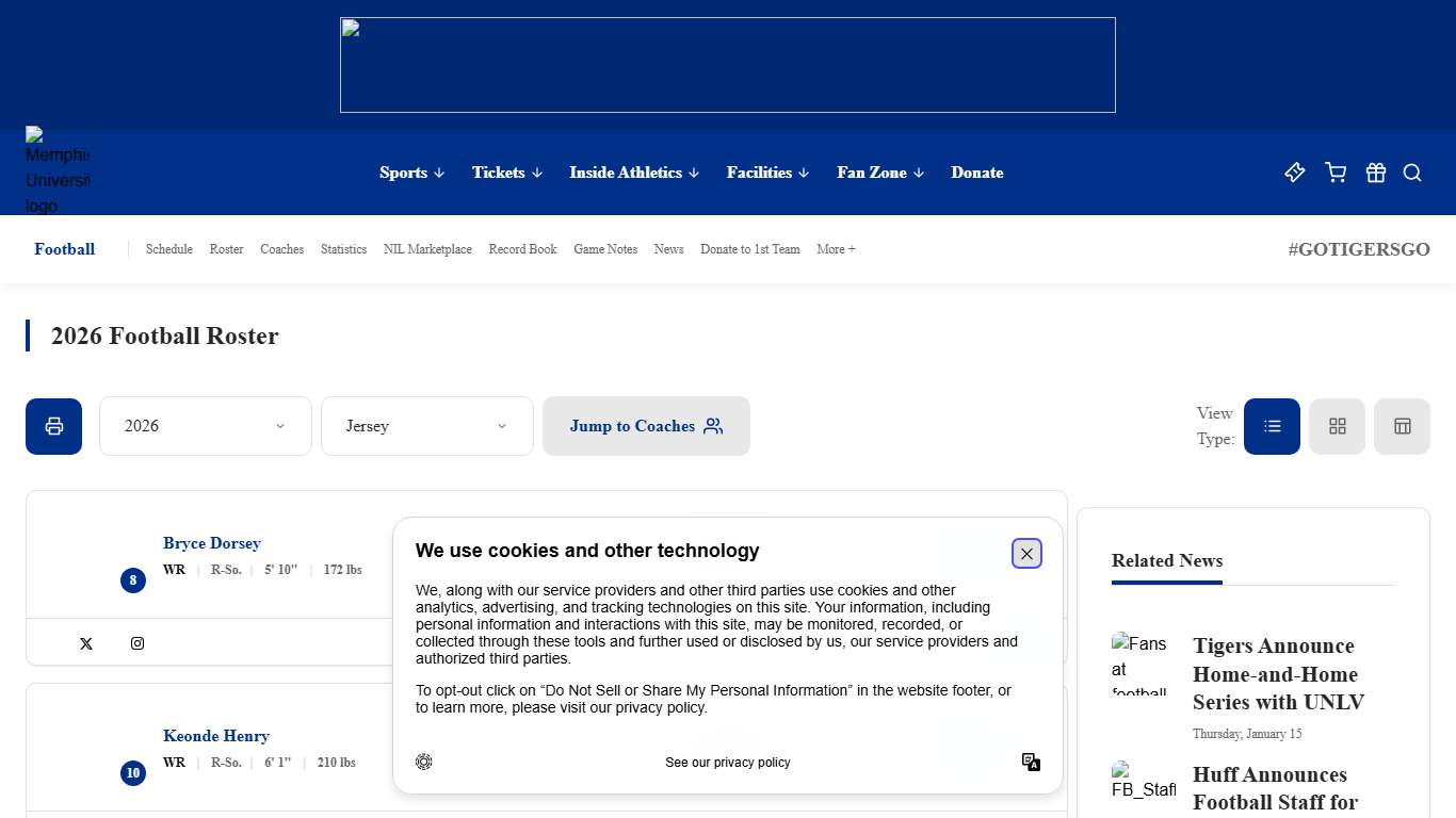 2026 Football Roster - University of Memphis Athletics